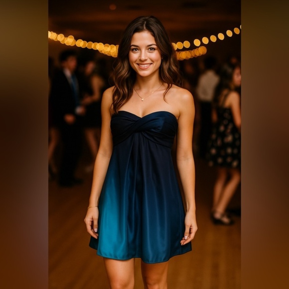 XSCAPE Strapless Sweetheart Blue Ombre Mini Dress